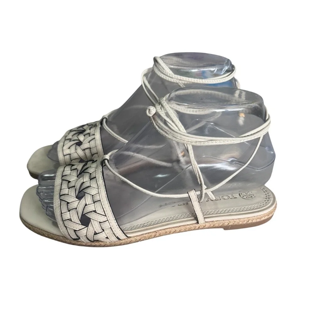 Tory Burch Cream Leather Woven Lace Up Gladiator Sandals Espadrille Trim Flat